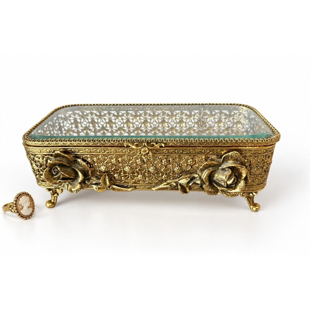 Vintage Ormolu Gold Casket Jewelry Box Glass Filigree Ornate Rose Footed Vanity